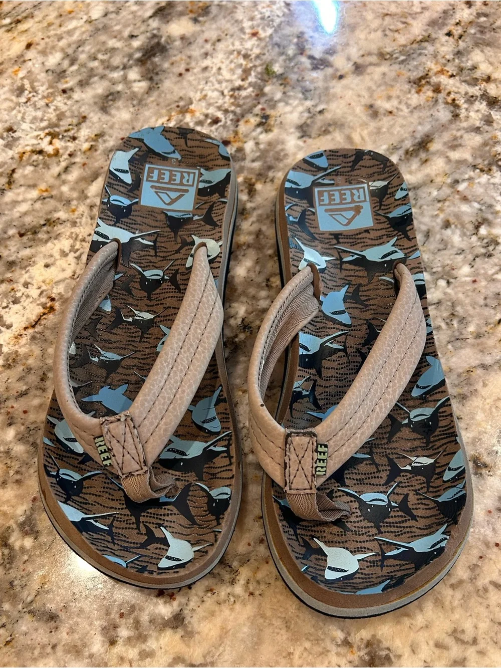 Reef Kids Brown Flip Flops with Light Blue Shark Print